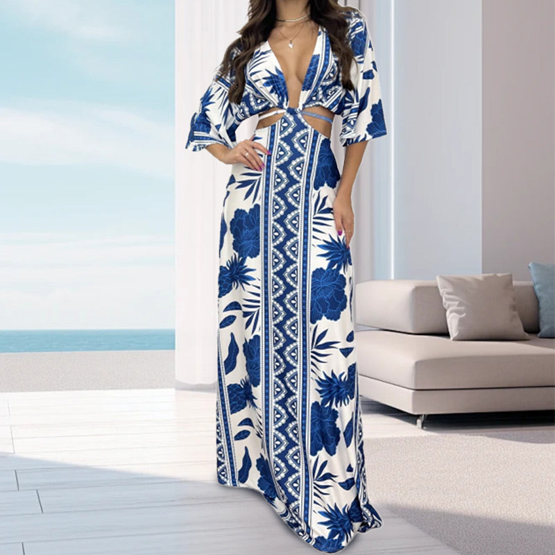 💕Summer Hot Sale💕Sexy Bat Half-sleeve Cutout Maxi Dress