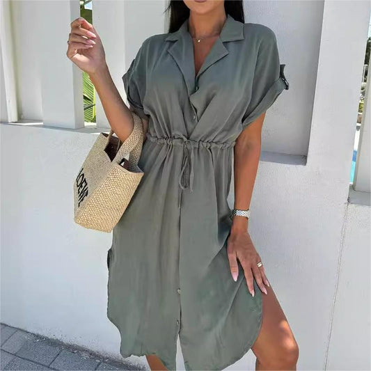 💥Limit Time 50% OFF👗Solid Color Lapel Button Waist-Drawing Dress