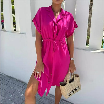 💥Limit Time 50% OFF👗Solid Color Lapel Button Waist-Drawing Dress