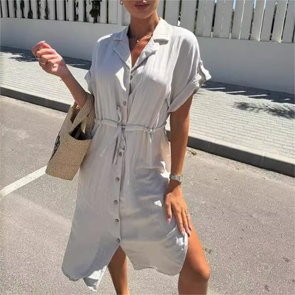 💥Limit Time 50% OFF👗Solid Color Lapel Button Waist-Drawing Dress