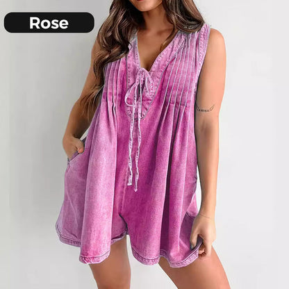 Women’s Casual Pleated Sleeveless V-Neck Denim Romper