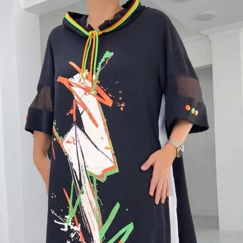 🌷Exclusive Offers💞Women's Loose Casual Printed Drawstring Hooded Dress