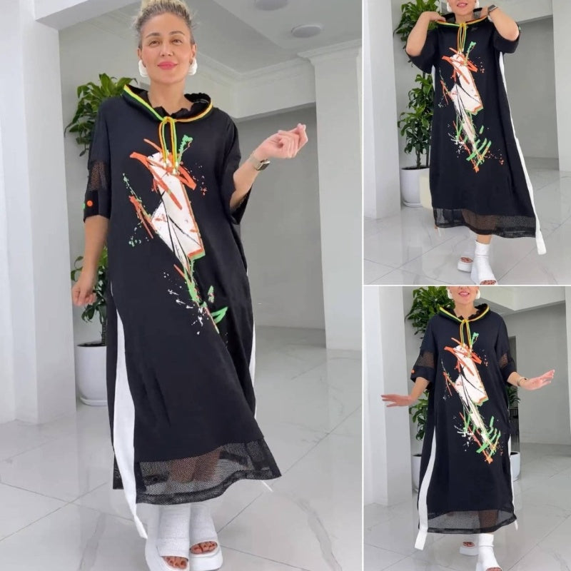 🌷Exclusive Offers💞Women's Loose Casual Printed Drawstring Hooded Dress