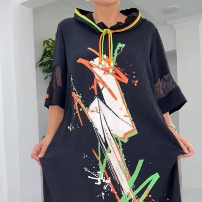 🌷Exclusive Offers💞Women's Loose Casual Printed Drawstring Hooded Dress