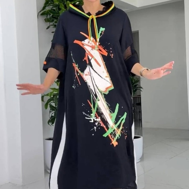 🌷Exclusive Offers💞Women's Loose Casual Printed Drawstring Hooded Dress