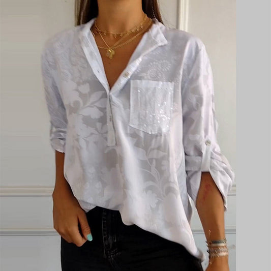 👗Women's Casual Lapel Printed Top with Adjustable Sleeves