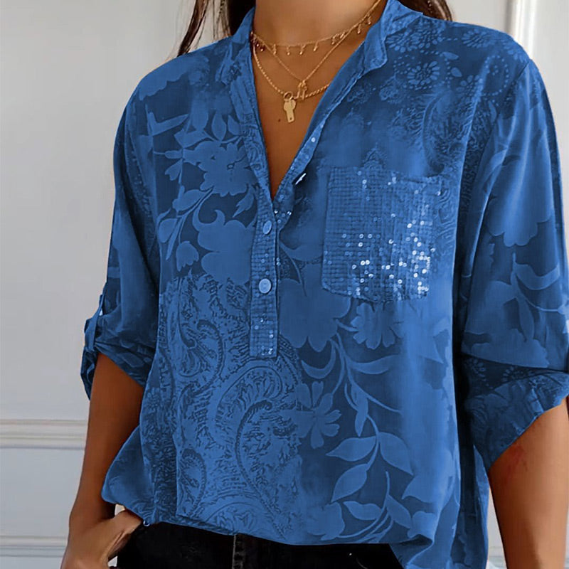 👗Women's Casual Lapel Printed Top with Adjustable Sleeves