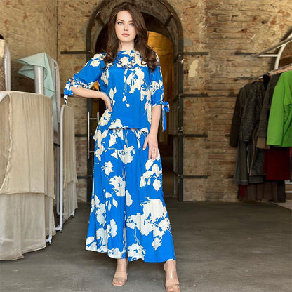 👗Floral Tie Sleeve Top Wide Leg Pants 2-Piece Set