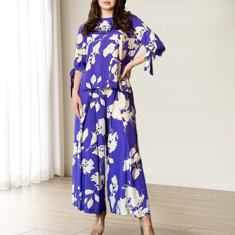 👗Floral Tie Sleeve Top Wide Leg Pants 2-Piece Set