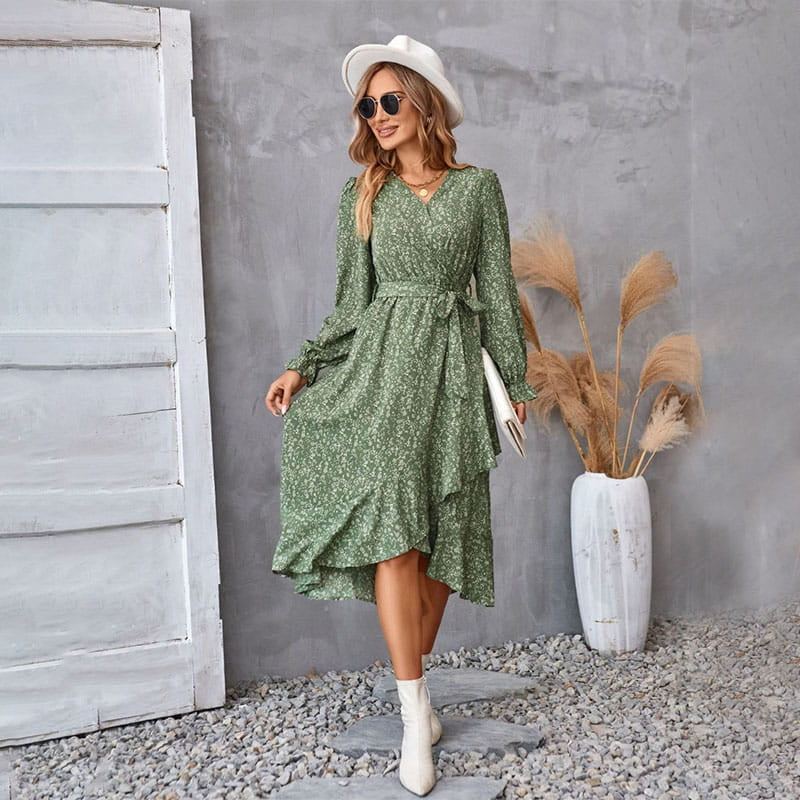 🦋New products hot selling🦋V-Neck Floral Irregular Hem Waist Cinching Dress