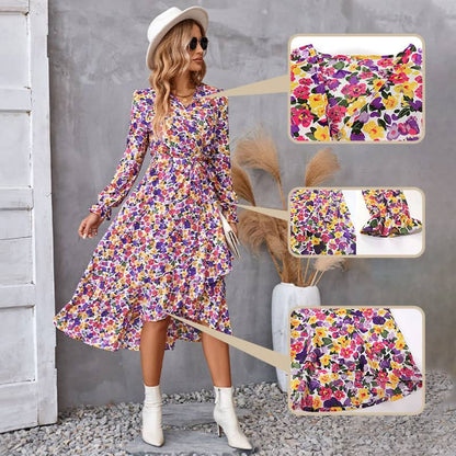 🦋New products hot selling🦋V-Neck Floral Irregular Hem Waist Cinching Dress