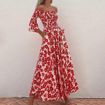 💕2024 HOT SALE-50% OFF💕Floral Open Shoulder Flared Sleeves Long Dress