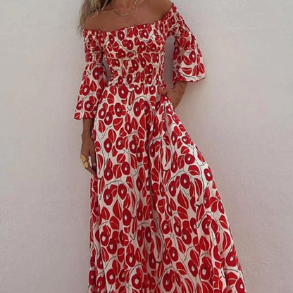 💕2024 HOT SALE-50% OFF💕Floral Open Shoulder Flared Sleeves Long Dress