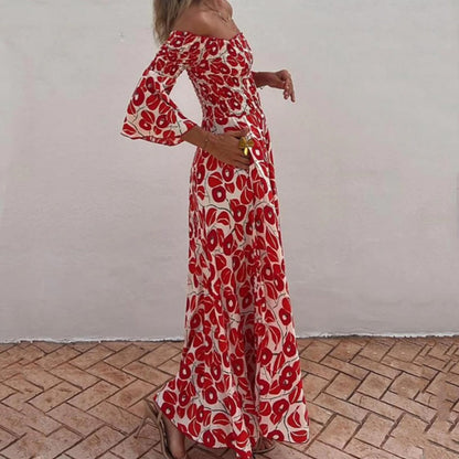 💕2024 HOT SALE-50% OFF💕Floral Open Shoulder Flared Sleeves Long Dress