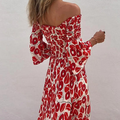 💕2024 HOT SALE-50% OFF💕Floral Open Shoulder Flared Sleeves Long Dress