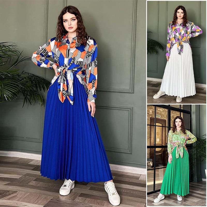 💕Free Shipping 55% OFF-Exquisite Skirt💕Muslim Style Print Shirt and Pleated Long Skirt Set