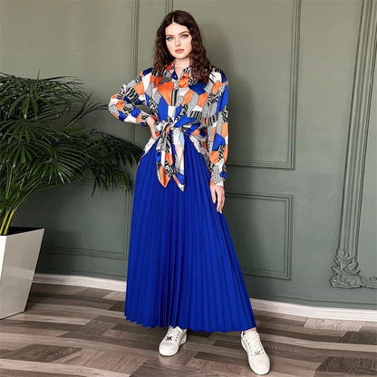 💕Free Shipping 55% OFF-Exquisite Skirt💕Muslim Style Print Shirt and Pleated Long Skirt Set