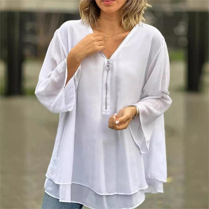 ✨Double-Layer V-neck Zipper 3/4 Sleeves Soft Tops