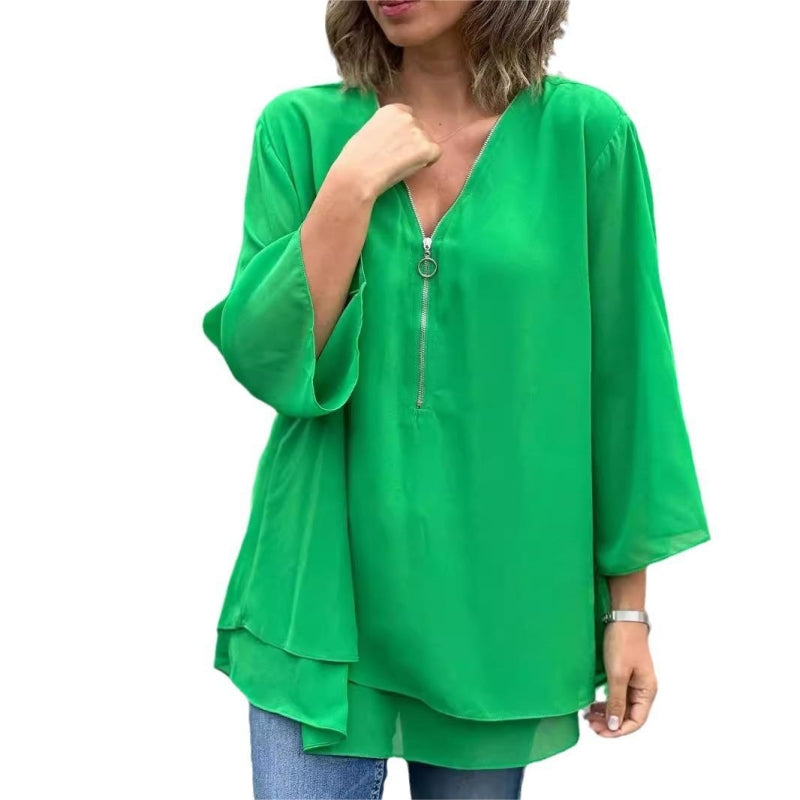 ✨Double-Layer V-neck Zipper 3/4 Sleeves Soft Tops