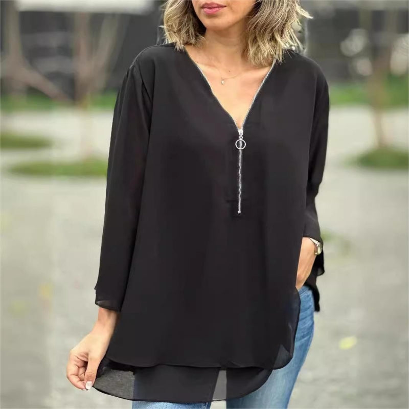 ✨Double-Layer V-neck Zipper 3/4 Sleeves Soft Tops