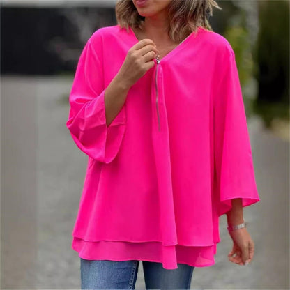 ✨Double-Layer V-neck Zipper 3/4 Sleeves Soft Tops