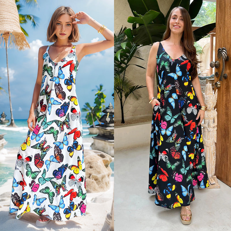 💖Summer hot sale-50% off 👗 Butterfly Print V-neck Spaghetti Strap Maxi Dress-Show elegance