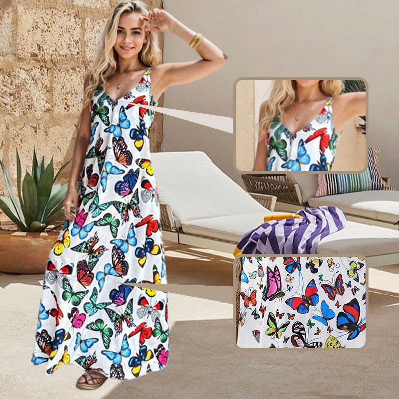 💖Summer hot sale-50% off 👗 Butterfly Print V-neck Spaghetti Strap Maxi Dress-Show elegance