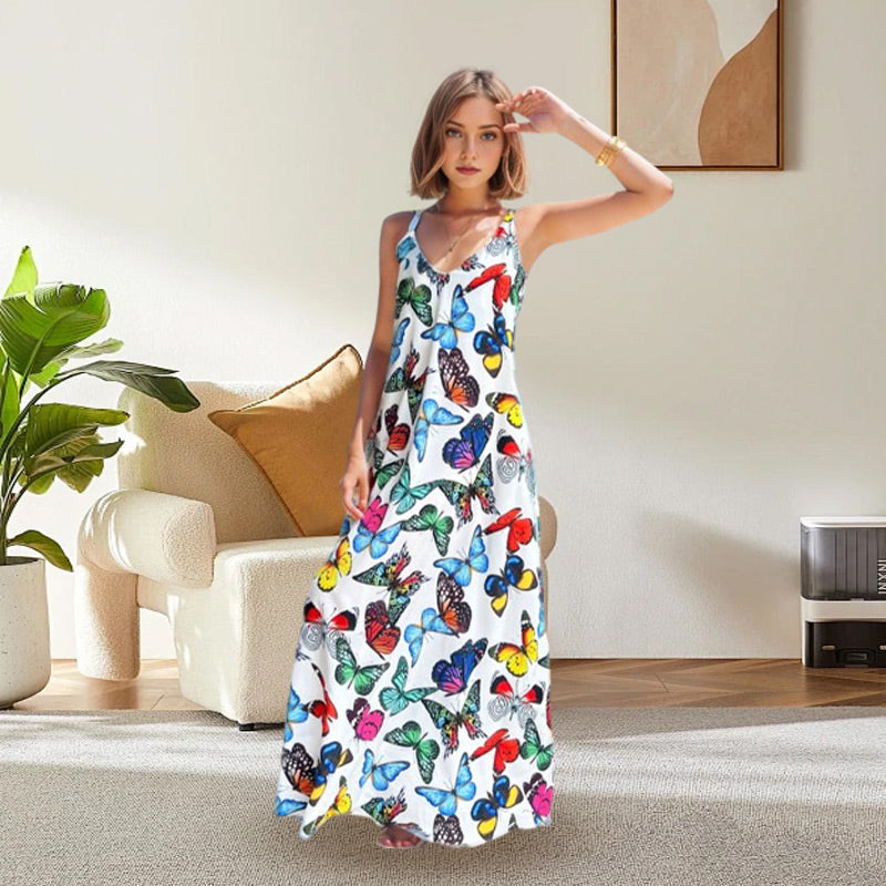 💖Summer hot sale-50% off 👗 Butterfly Print V-neck Spaghetti Strap Maxi Dress-Show elegance