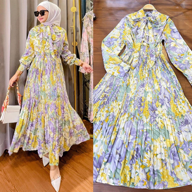 ✨ Flowy Floral Print Long Sleeve Pleated Dress