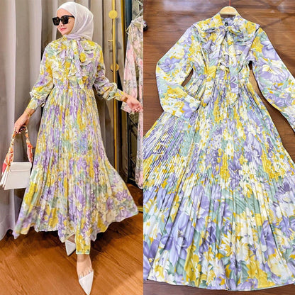 ✨ Flowy Floral Print Long Sleeve Pleated Dress