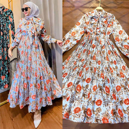 ✨ Flowy Floral Print Long Sleeve Pleated Dress