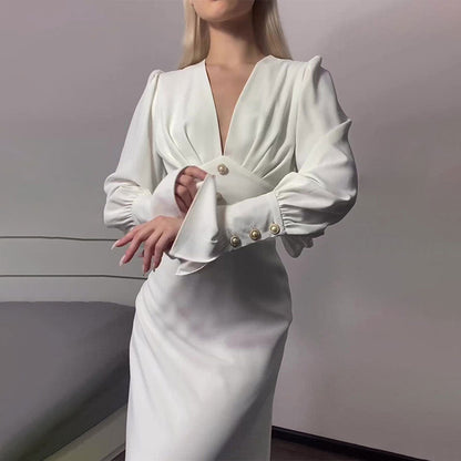 🔥HOT SALE 50% OFF🔥Women's V-Neck Long Lantern Sleeve Dress