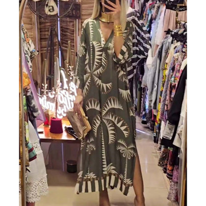 🌸Summer Hot Sale-49% OFF🌸Women's Vintage Coconut Tree Print Dress with 3/4 Sleeve & Split Hem