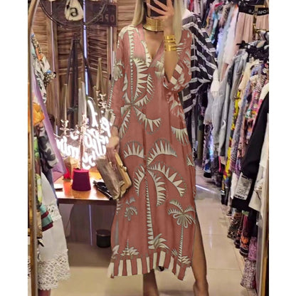 🌸Summer Hot Sale-49% OFF🌸Women's Vintage Coconut Tree Print Dress with 3/4 Sleeve & Split Hem