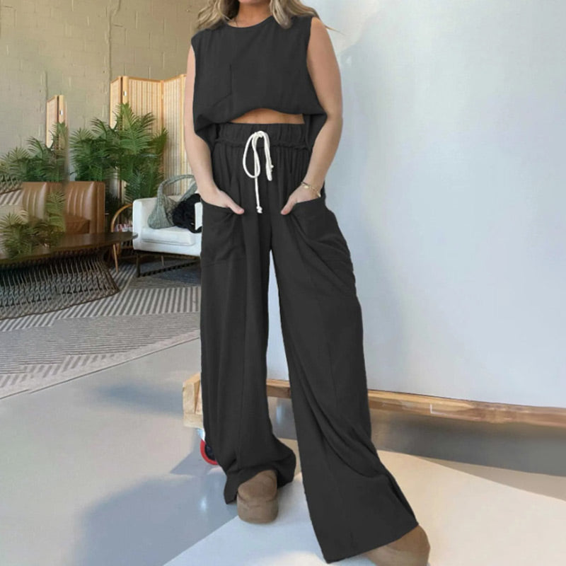 🔥Summer Sales-60% OFF🔥New Women's Sleeveless Tank Top Wide Leg Sweatpants Set🧥&👖