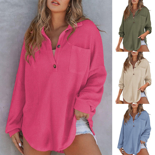 🌸Fashionable and warm--55% off🌸Women’s Loose Solid Color Waffle Knit Shirt