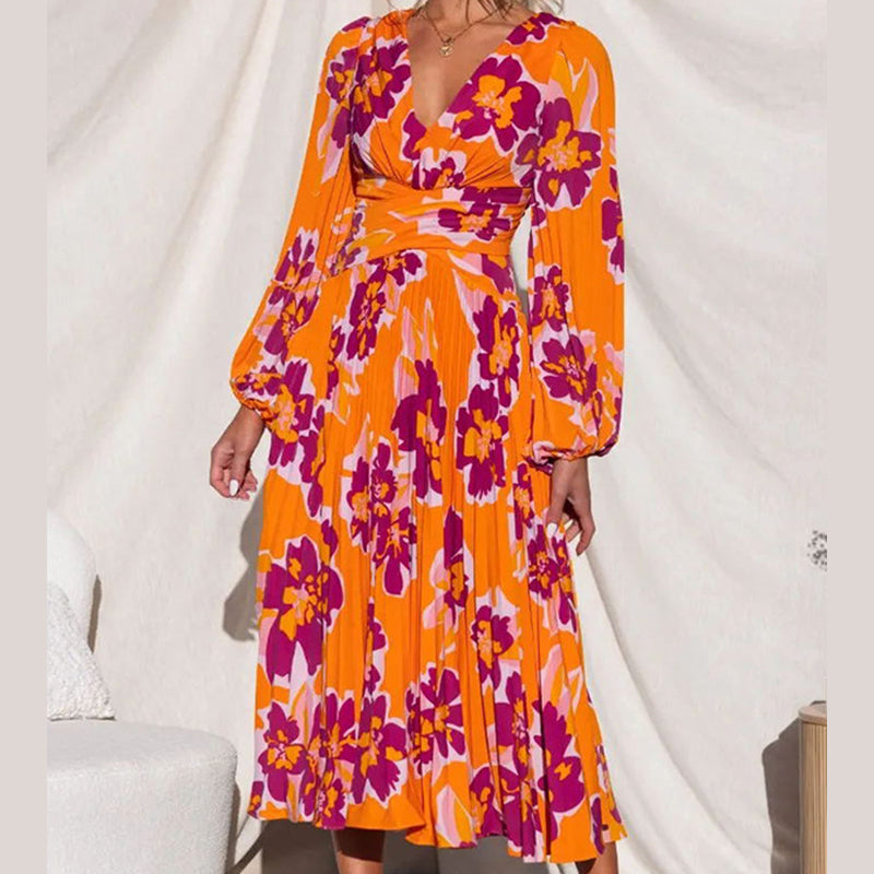 🏵️Bright Skirt-55% OFF🏵️V-Neck Floral Print Pleated Long Sleeve Maxi Dress-Let you be the little sun among the crowd