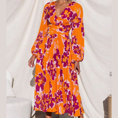 🏵️Bright Skirt-55% OFF🏵️V-Neck Floral Print Pleated Long Sleeve Maxi Dress-Let you be the little sun among the crowd