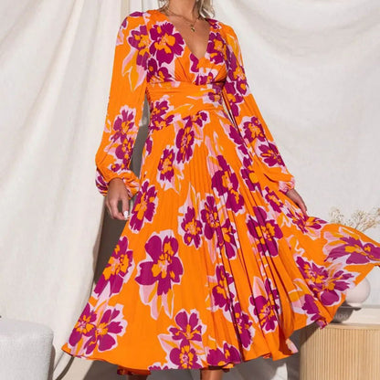 🏵️Bright Skirt-55% OFF🏵️V-Neck Floral Print Pleated Long Sleeve Maxi Dress-Let you be the little sun among the crowd