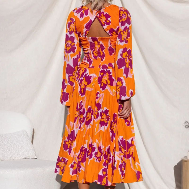 🏵️Bright Skirt-55% OFF🏵️V-Neck Floral Print Pleated Long Sleeve Maxi Dress-Let you be the little sun among the crowd