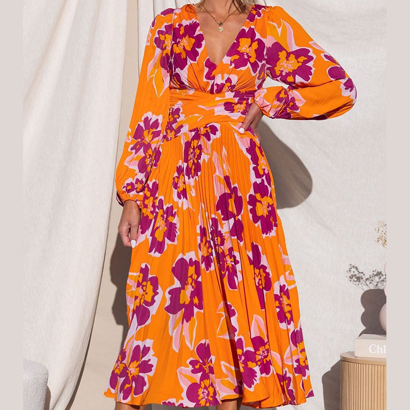 🏵️Bright Skirt-55% OFF🏵️V-Neck Floral Print Pleated Long Sleeve Maxi Dress-Let you be the little sun among the crowd