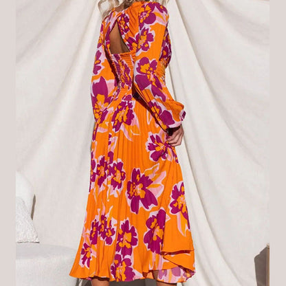 🏵️Bright Skirt-55% OFF🏵️V-Neck Floral Print Pleated Long Sleeve Maxi Dress-Let you be the little sun among the crowd