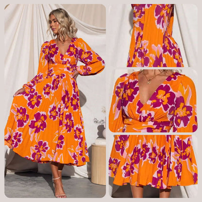 🏵️Bright Skirt-55% OFF🏵️V-Neck Floral Print Pleated Long Sleeve Maxi Dress-Let you be the little sun among the crowd