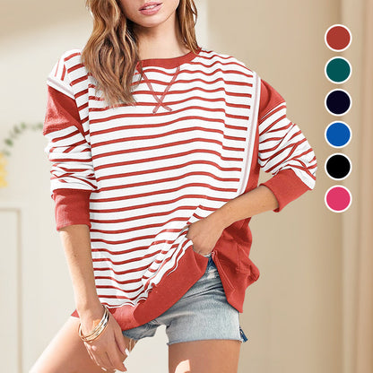 🌸New in autumn-60% OFF🌸Stylish Round Neck Striped Colorblocking Tops