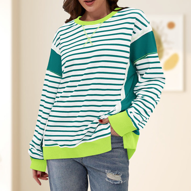 🌸New in autumn-60% OFF🌸Stylish Round Neck Striped Colorblocking Tops