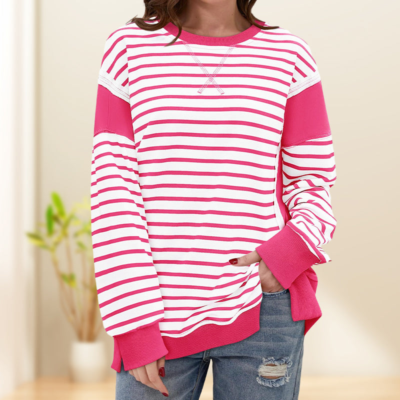 🌸New in autumn-60% OFF🌸Stylish Round Neck Striped Colorblocking Tops