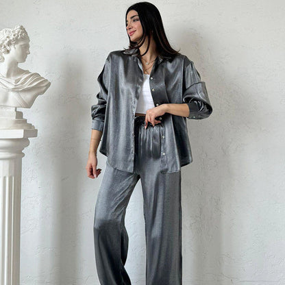 🌸HOT SALE 50% OFF🌸Trendy 2 Piece Outfits Shiny Shirt and High Waist Wide Leg Pants