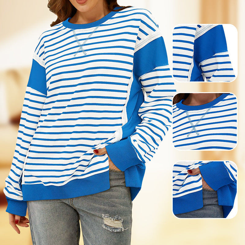 🌸New in autumn-60% OFF🌸Stylish Round Neck Striped Colorblocking Tops