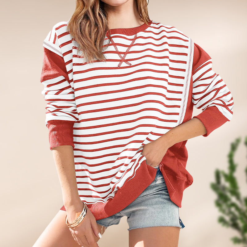 🌸New in autumn-60% OFF🌸Stylish Round Neck Striped Colorblocking Tops