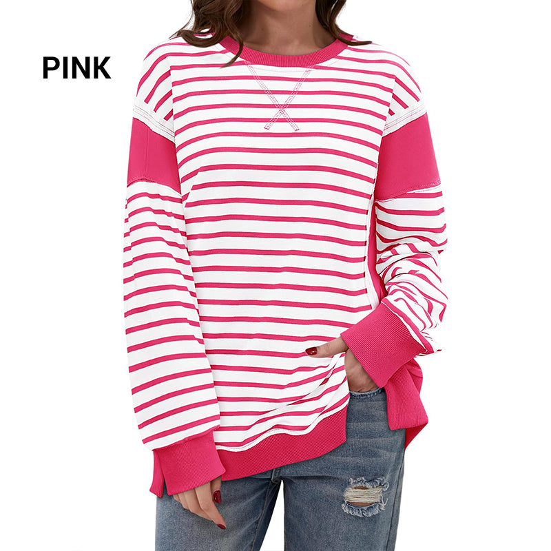 🌸New in autumn-60% OFF🌸Stylish Round Neck Striped Colorblocking Tops